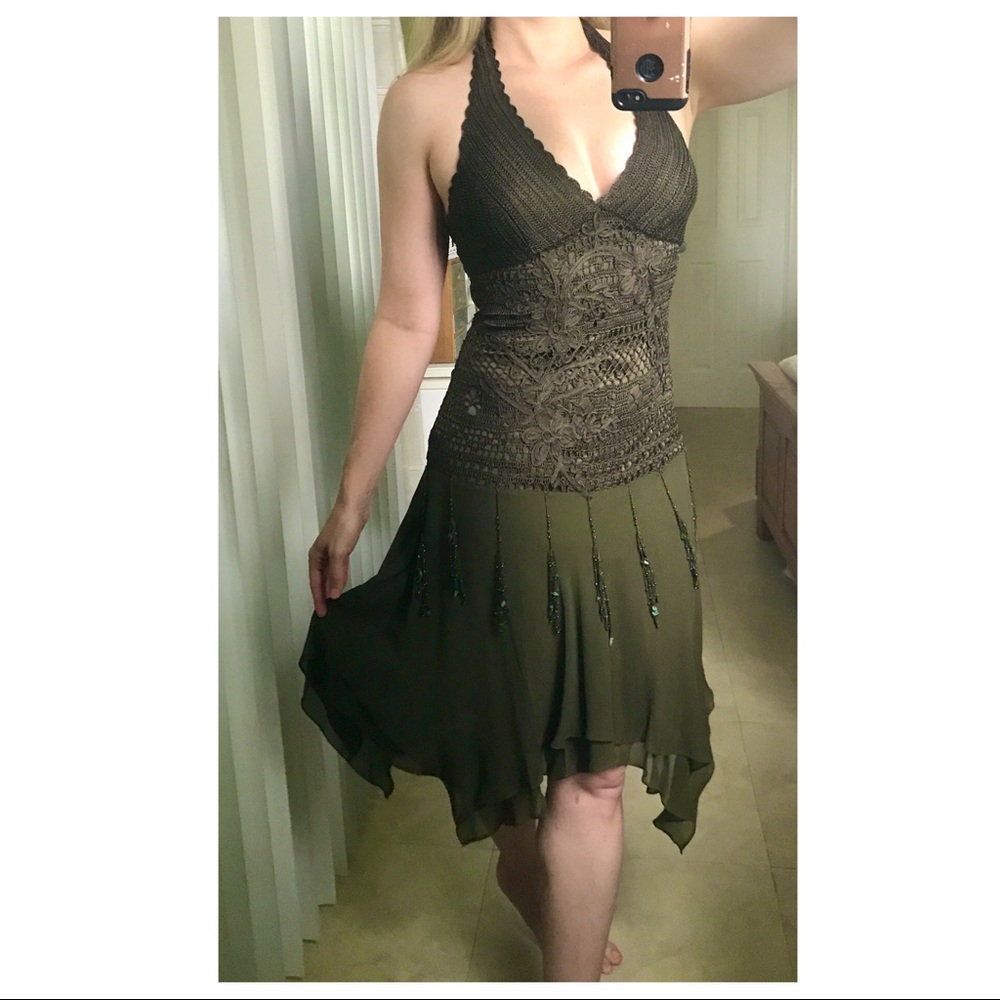 Sue Wong Olive Green Knit Halter Cocktail Dress 6